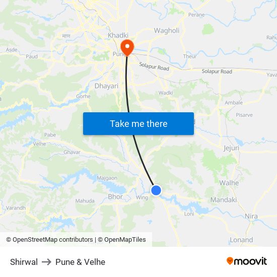 Shirwal to Pune & Velhe map