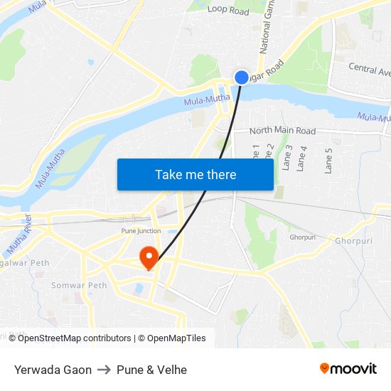 Yerwada Gaon to Pune & Velhe map