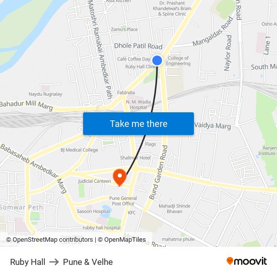 Ruby Hall to Pune & Velhe map