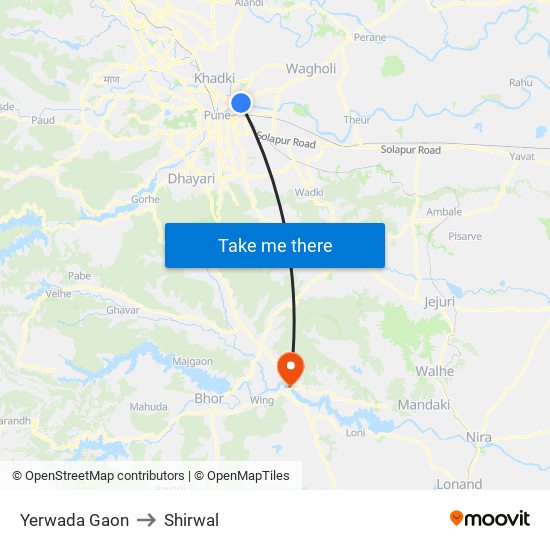 Yerwada Gaon to Shirwal map