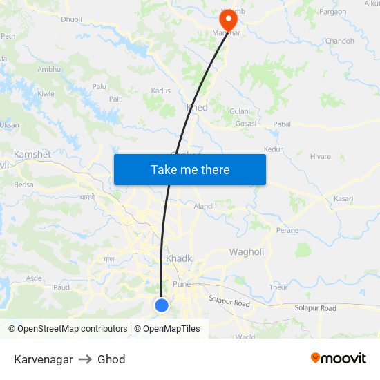 Karve Nagar to Ghod map