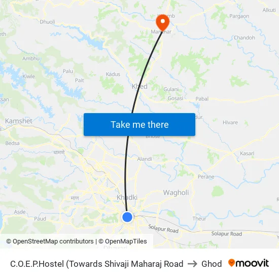 COEP Hostel (To Ma.Na.Pa) to Ghod map