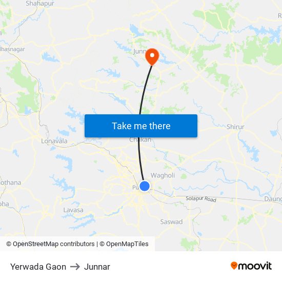 Yerwada Gaon to Junnar map