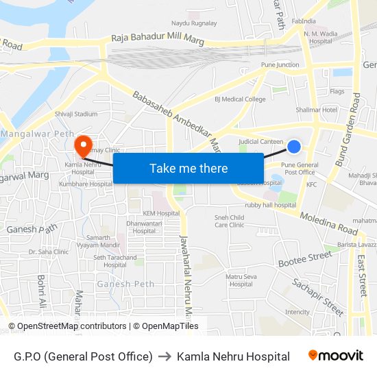 G.P.O (General Post Office) to Kamla Nehru Hospital map