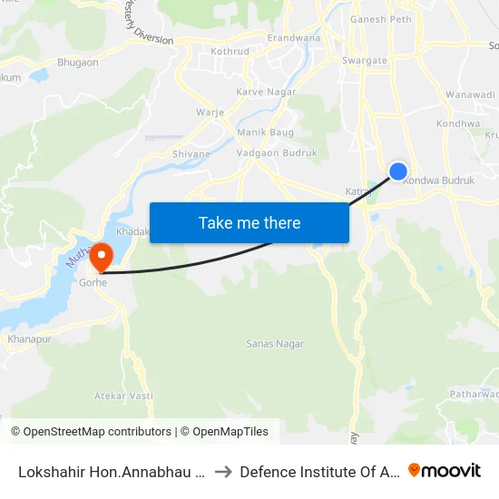 Lokshahir Hon.Annabhau Sathe Bus Stand Upper Depot to Defence Institute Of Advanced Technology Diat map