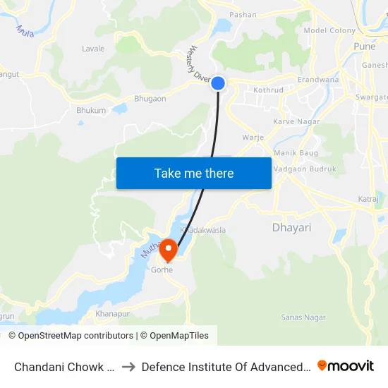 Chandani Chowk Paud Road to Defence Institute Of Advanced Technology Diat map
