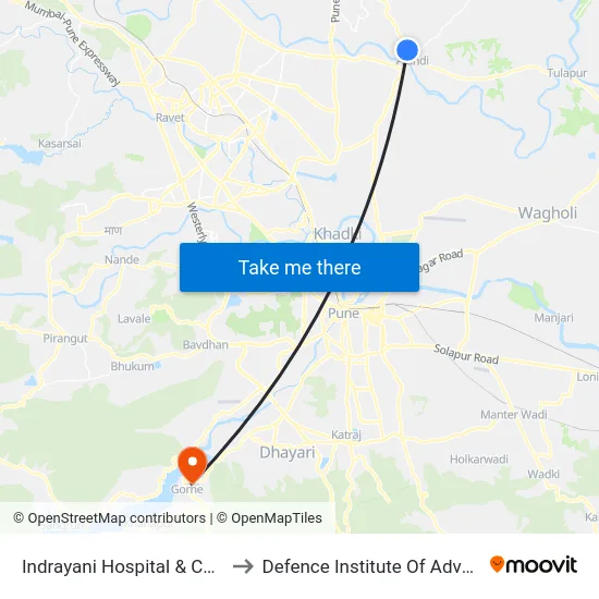 Indrayani Hospital & Cancer Institute Alandi to Defence Institute Of Advanced Technology Diat map