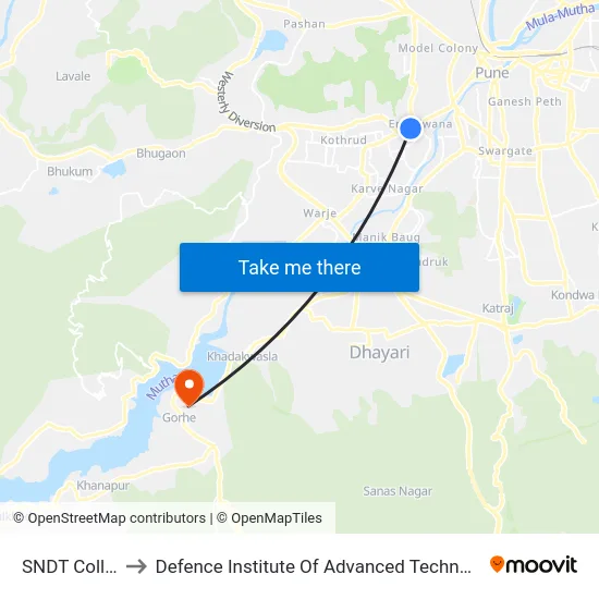 SNDT College to Defence Institute Of Advanced Technology Diat map