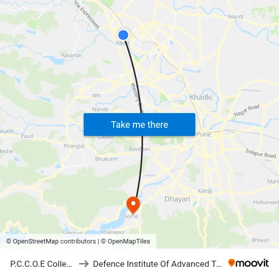 P.C.C.O.E College Ravet to Defence Institute Of Advanced Technology Diat map