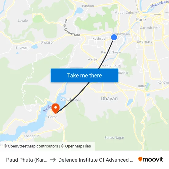 Paud Phata (Karve Road) to Defence Institute Of Advanced Technology Diat map