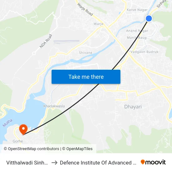 Vitthalwadi Sinhgad Road to Defence Institute Of Advanced Technology Diat map