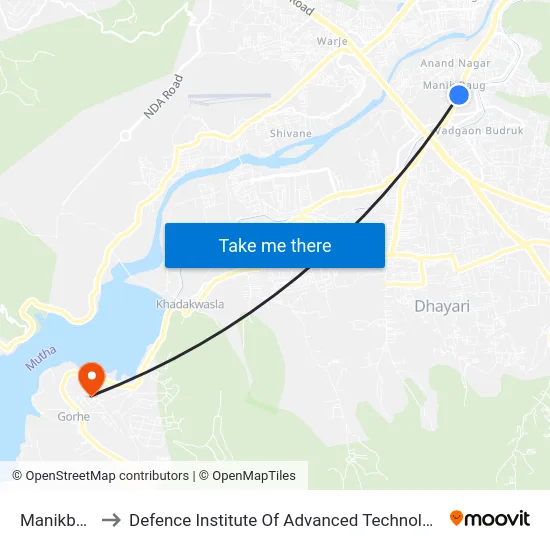 Manikbaug to Defence Institute Of Advanced Technology Diat map