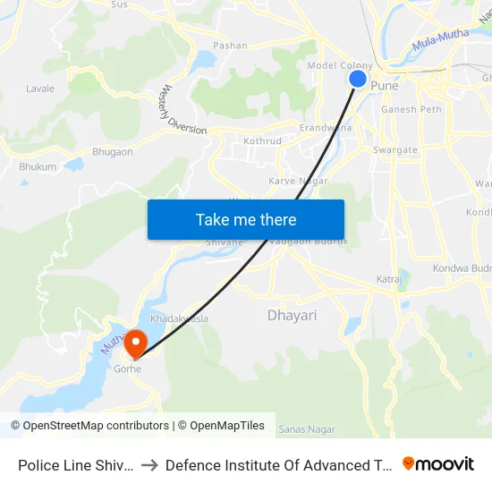 Police Line Shivajinagar to Defence Institute Of Advanced Technology Diat map