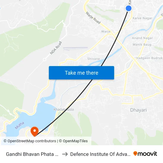 Gandhi Bhavan Phata / Dahanukar Colony to Defence Institute Of Advanced Technology Diat map