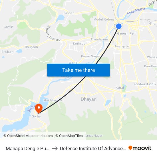 Manapa Dengle Pul Bus Station to Defence Institute Of Advanced Technology Diat map