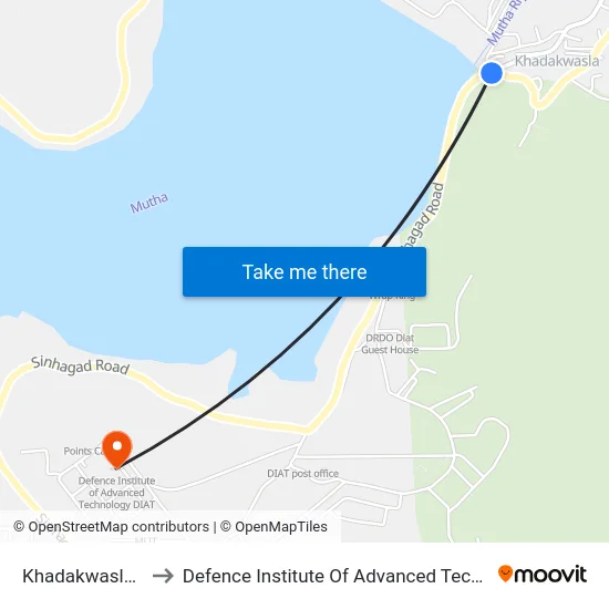 Khadakwasla Dam to Defence Institute Of Advanced Technology Diat map