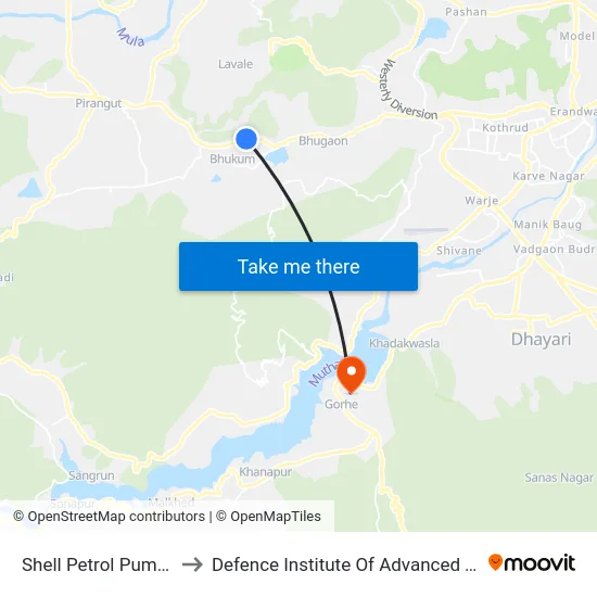 Shell Petrol Pump Bhukum to Defence Institute Of Advanced Technology Diat map
