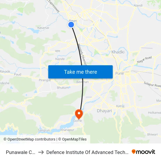 Punawale Corner to Defence Institute Of Advanced Technology Diat map