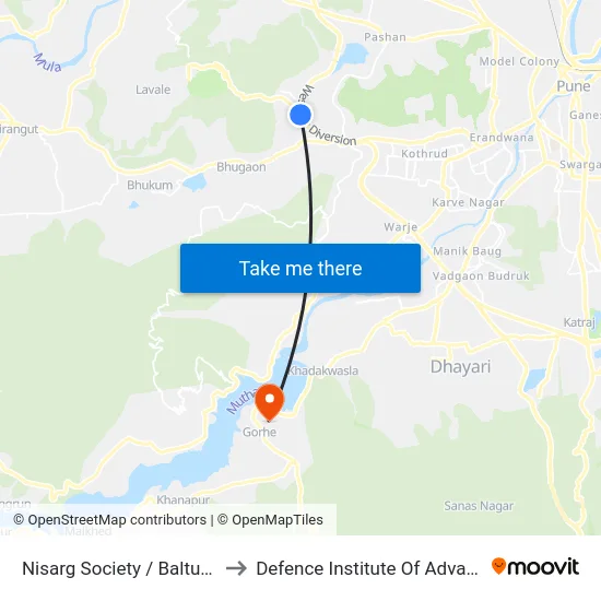 Nisarg Society / Baltuka Corner Bavdhan to Defence Institute Of Advanced Technology Diat map