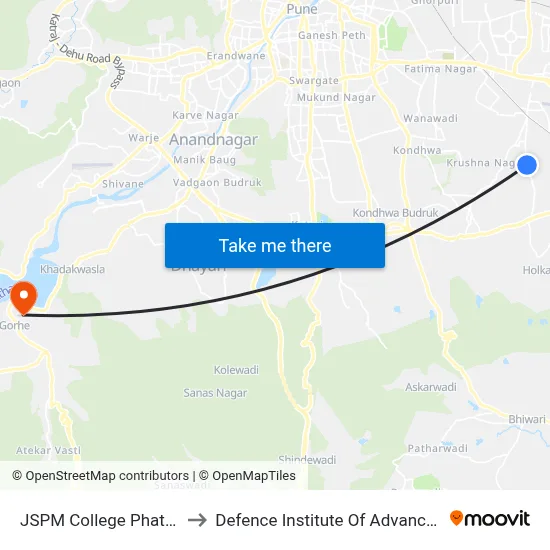 JSPM College Phata Satav Nagar to Defence Institute Of Advanced Technology Diat map