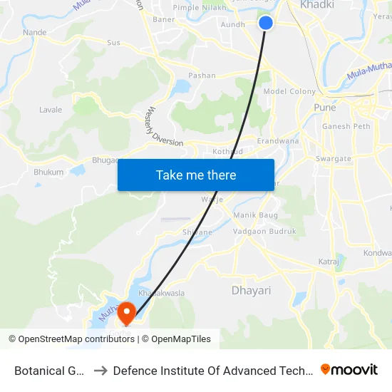 Botanical Garden to Defence Institute Of Advanced Technology Diat map