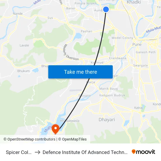 Spicer College to Defence Institute Of Advanced Technology Diat map