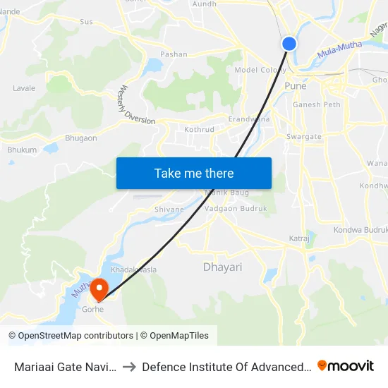 Mariaai Gate Navin ST Stand to Defence Institute Of Advanced Technology Diat map