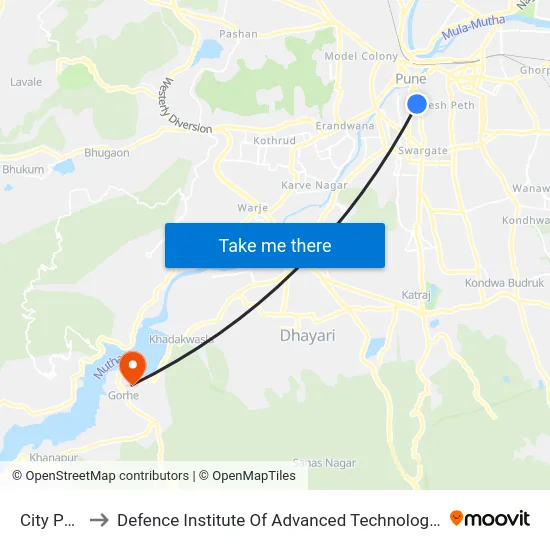 City Post to Defence Institute Of Advanced Technology Diat map
