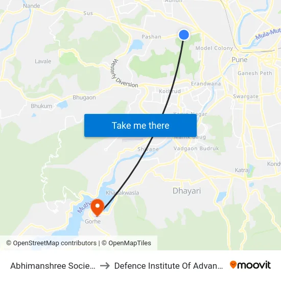 Abhimanshree Society Pashan Road to Defence Institute Of Advanced Technology Diat map