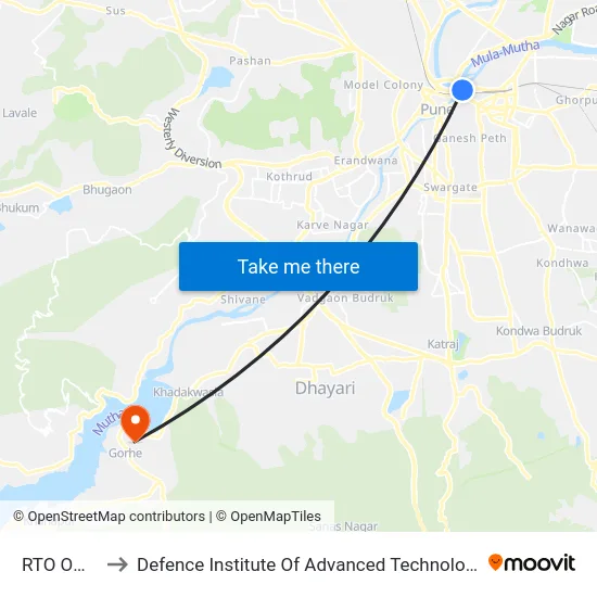 RTO Office to Defence Institute Of Advanced Technology Diat map