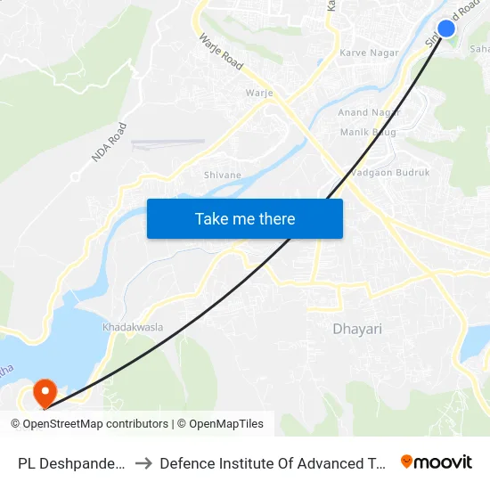 PL Deshpande Garden to Defence Institute Of Advanced Technology Diat map