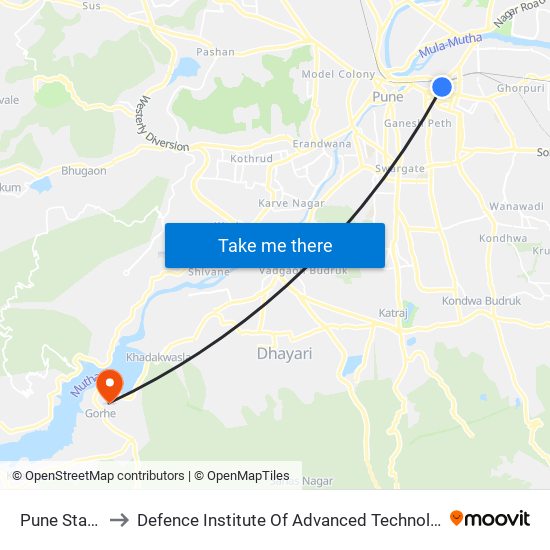 Pune Station to Defence Institute Of Advanced Technology Diat map