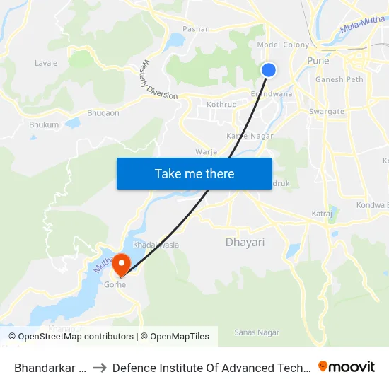 Bhandarkar Road to Defence Institute Of Advanced Technology Diat map
