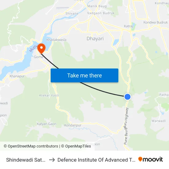 Shindewadi Satara Road to Defence Institute Of Advanced Technology Diat map