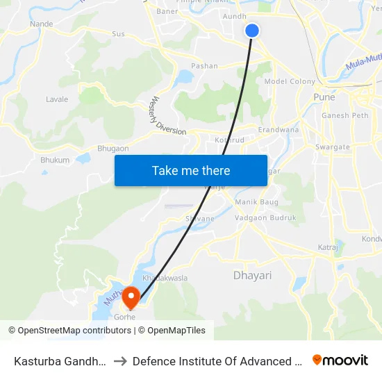 Kasturba Gandhi Vasahat to Defence Institute Of Advanced Technology Diat map