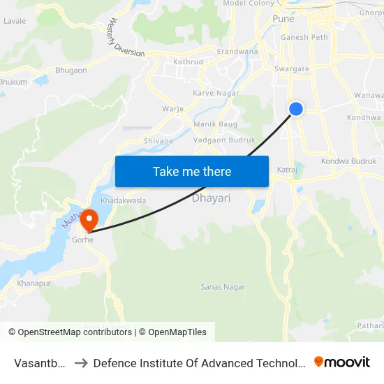 Vasantbaug to Defence Institute Of Advanced Technology Diat map