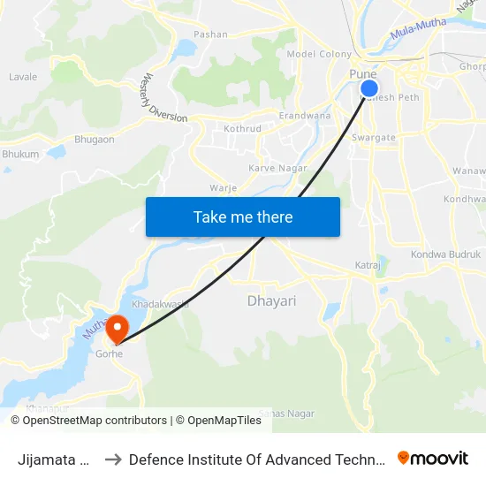 Jijamata Baug to Defence Institute Of Advanced Technology Diat map