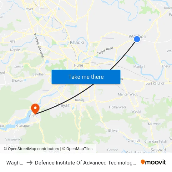 Wagholi to Defence Institute Of Advanced Technology Diat map