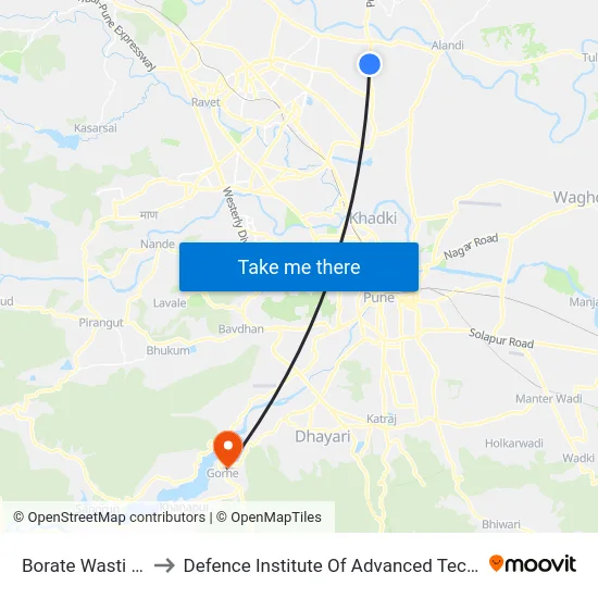 Borate Wasti Moshi to Defence Institute Of Advanced Technology Diat map
