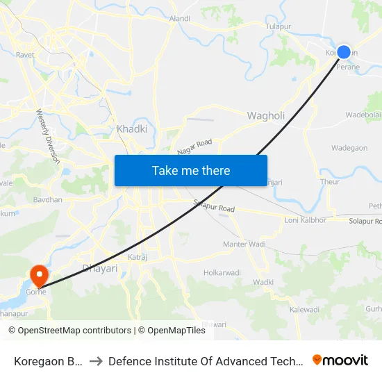 Koregaon Bhima to Defence Institute Of Advanced Technology Diat map