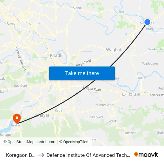 Koregaon Bhima to Defence Institute Of Advanced Technology Diat map