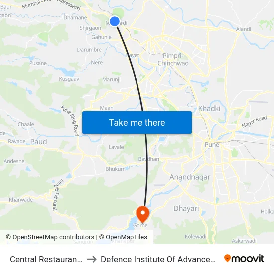 Central Restaurant Dehuroad to Defence Institute Of Advanced Technology Diat map