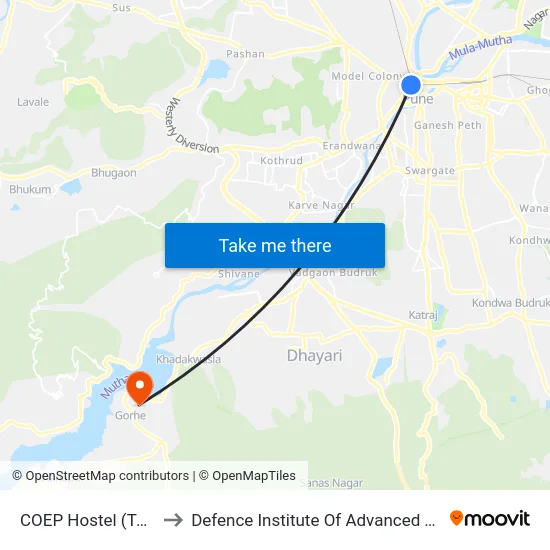 COEP Hostel (To Deccan) to Defence Institute Of Advanced Technology Diat map