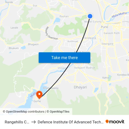 Rangehills Corner to Defence Institute Of Advanced Technology Diat map