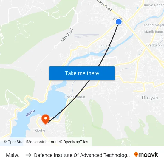 Malwadi to Defence Institute Of Advanced Technology Diat map