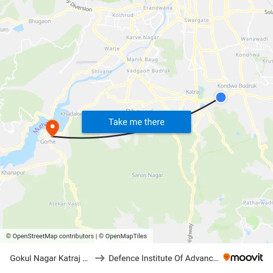 Gokul Nagar Katraj Kondhwa Road to Defence Institute Of Advanced Technology Diat map