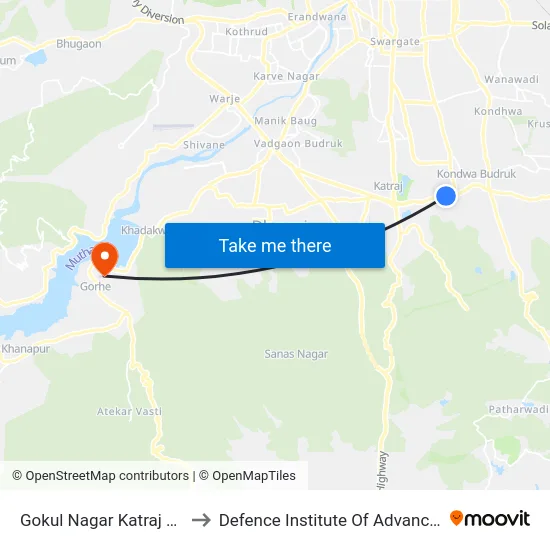 Gokul Nagar Katraj Kondhwa Road to Defence Institute Of Advanced Technology Diat map