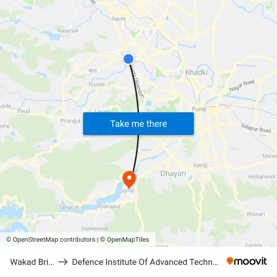 Wakad Bridge to Defence Institute Of Advanced Technology Diat map