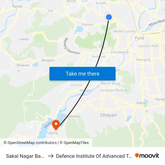 Sakal Nagar Baner Road to Defence Institute Of Advanced Technology Diat map