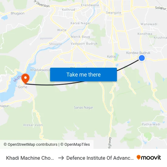 Khadi Machine Chowk Katraj Road to Defence Institute Of Advanced Technology Diat map